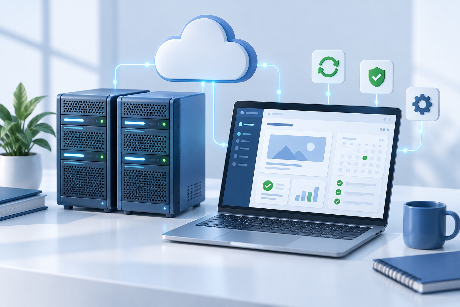 Concept illustration of hosting servers connected to a laptop with website management tools.