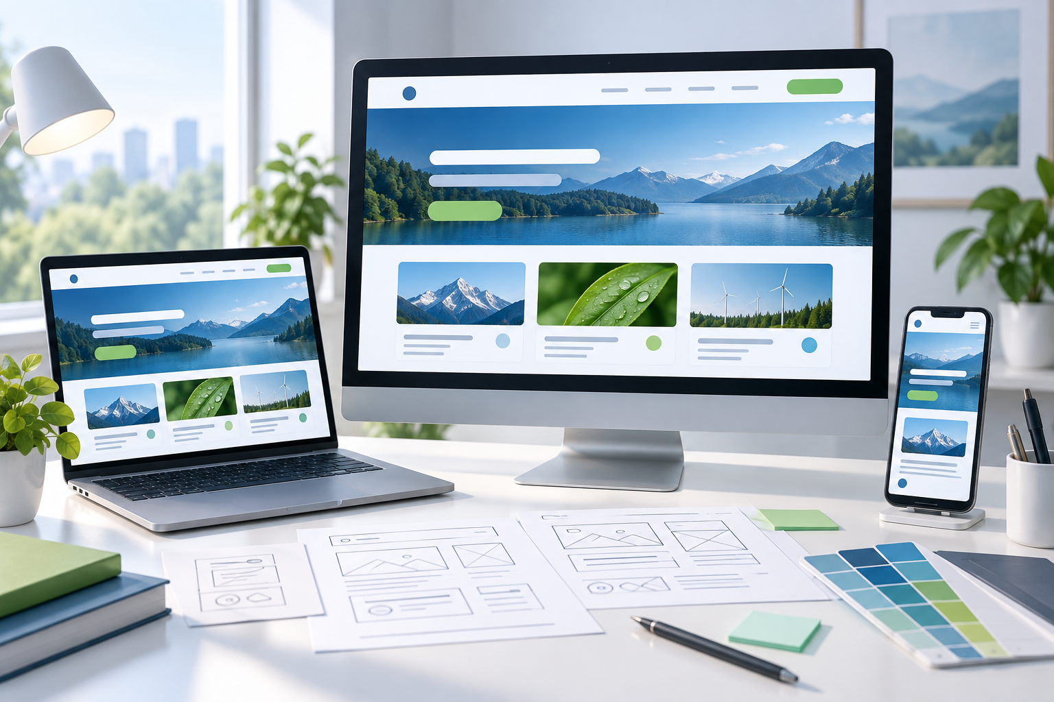 Illustration of coordinated website layouts on a desktop monitor, laptop, and smartphone.